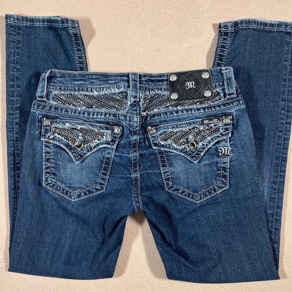 VTG Y2K Miss Me Cropped Dark Wash Womens Denim Jeans Sequins Gems Low Rise Sz 29
